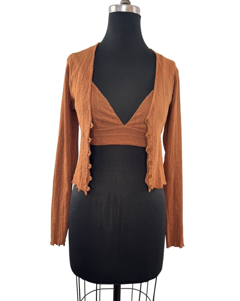 ZARA Set Brown Crop Cardigan & Top Set Eyelet V-Neck Front Button Size Small S